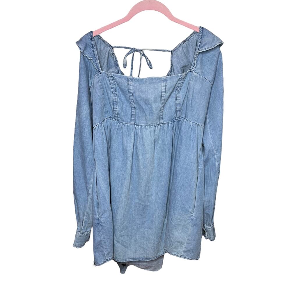 Free People About You Babydoll Denim Ruffle Tunic Mini Dress Indigo Size XL